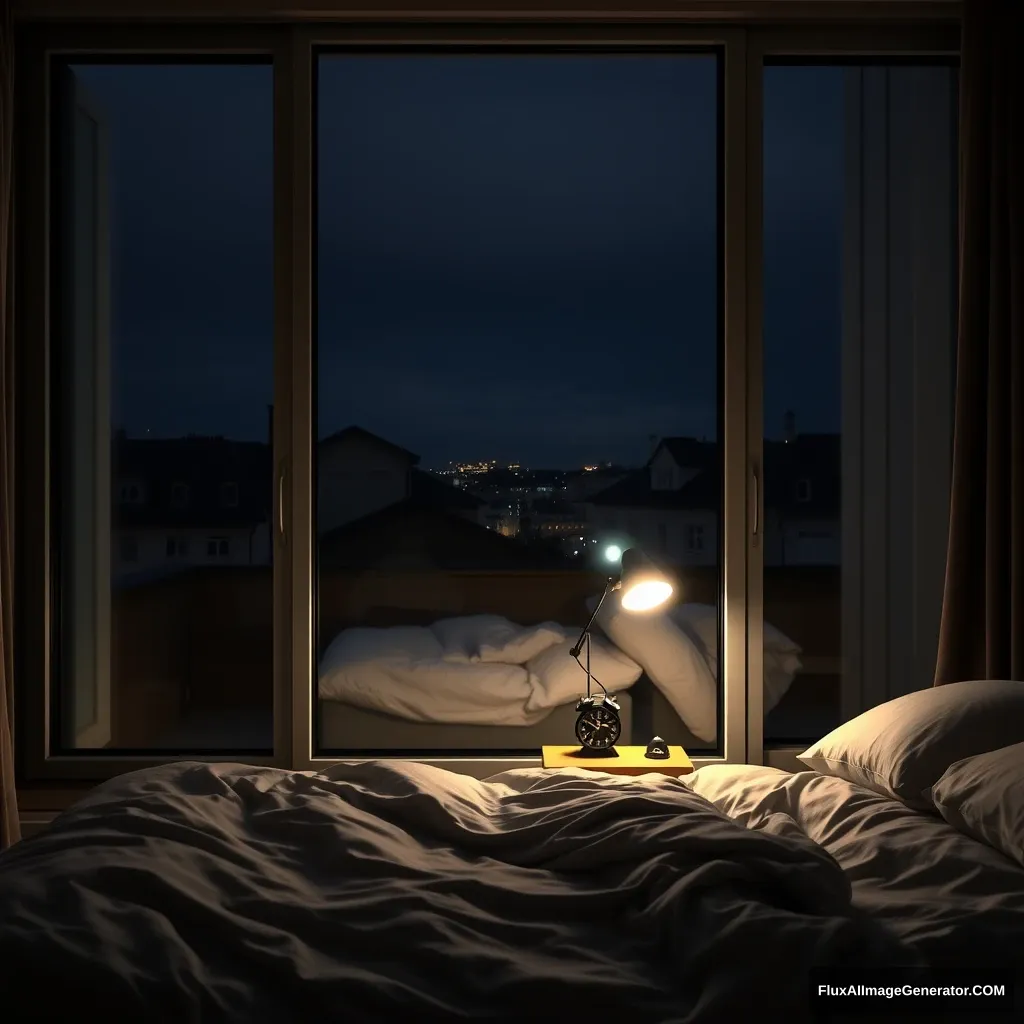 Big glass window, modern bedroom apartment in France, a study lamp lighting, midnight scenery, 2:15 AM on a small clock at a small desk behind the bed, hyper-realistic, photorealistic.