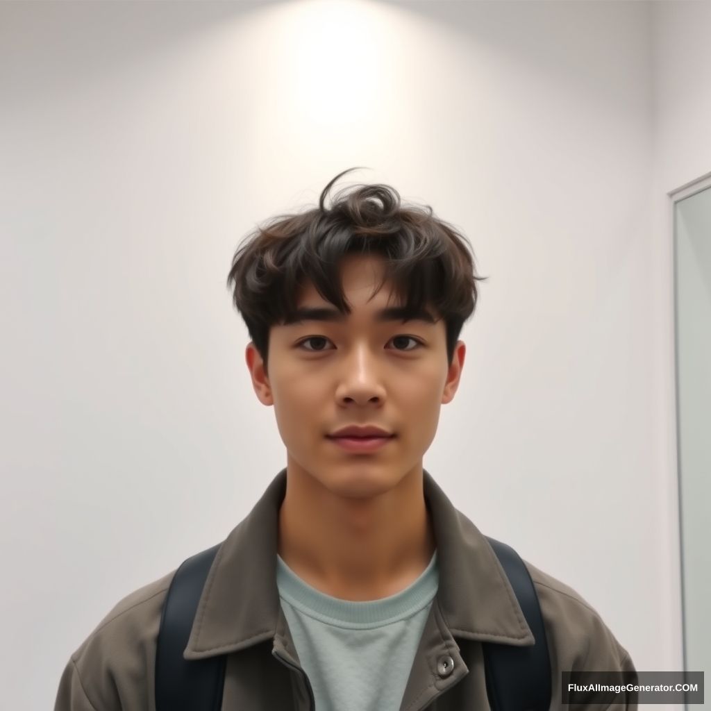 23-year-old handsome man from Korea, hair salon in Korea, Instagram photo from front view, white wall background, short wave hairstyle, Korean style clothes.