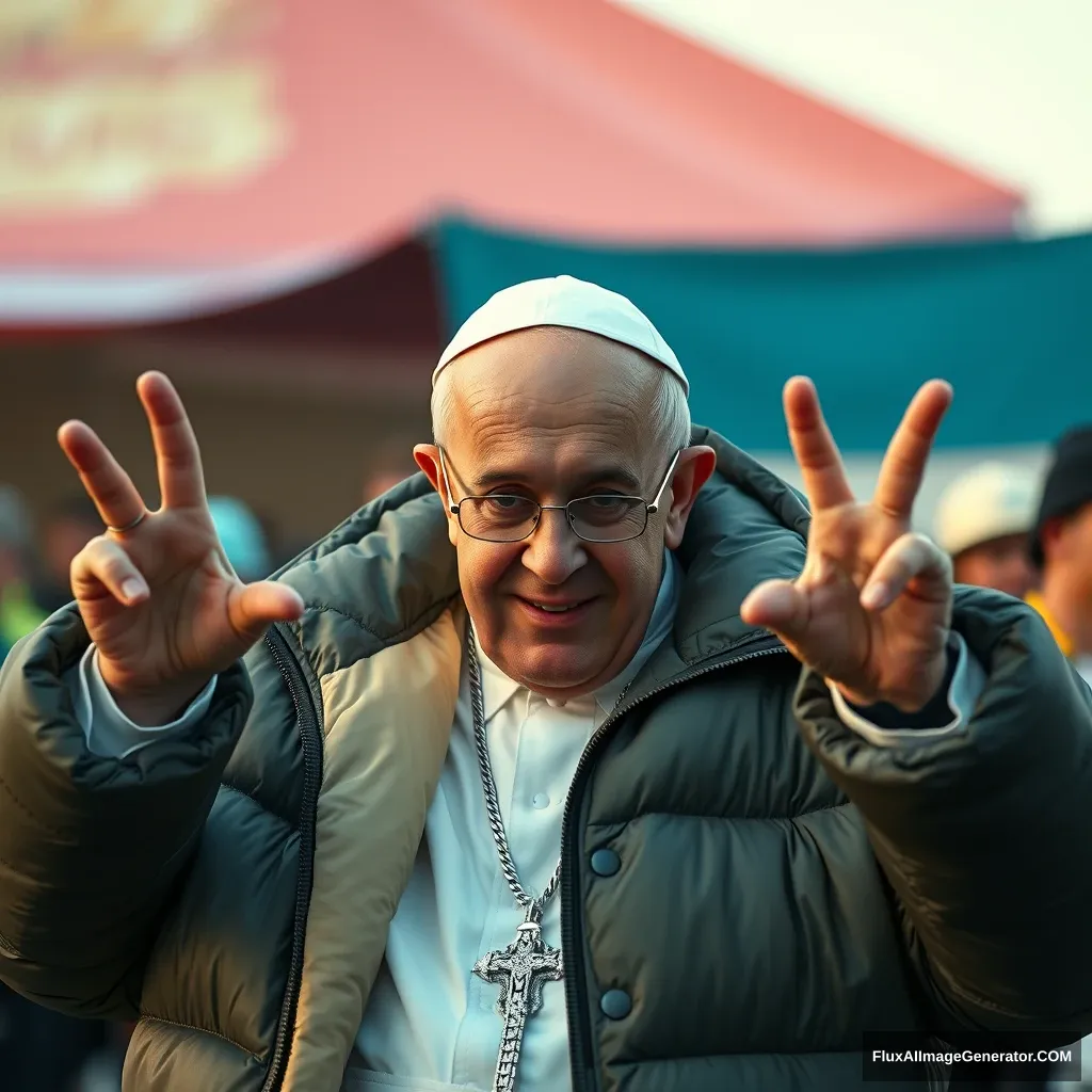 Catholic Pope Francis wearing a Balenciaga puffy jacket in a drill rap music video, throwing up gang signs with his hands, taken using a Canon EOS R camera with a 50mm f/1.8 lens, f/2.2 aperture, shutter speed 1/200s, ISO 100 and natural light, Full Body, Hyper Realistic Photography, Cinematic, Cinema, Hyperdetail, UHD, Color Correction, hdr, color grading, hyper realistic CG animation.