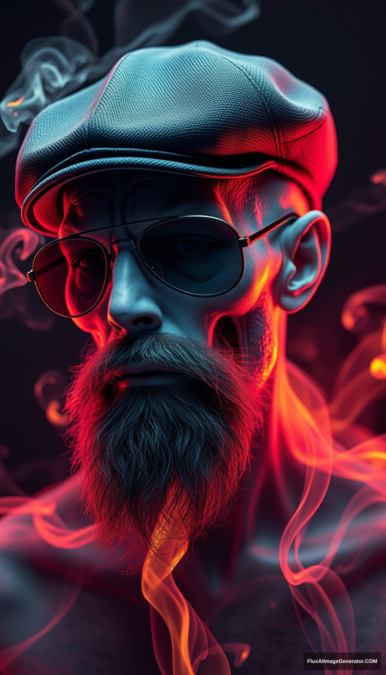 Hyperrealistic 3D render of a haunting human lich, skin dissolving into iridescent smoke tendrils. Vibrant wisps curl from face and neck, suggesting ethereal transformation. Charcoal flat cap, short fiery beard, and reflective aviator glasses contrast with the spectral form. Eerie, otherworldly atmosphere radiates ancient mystique.