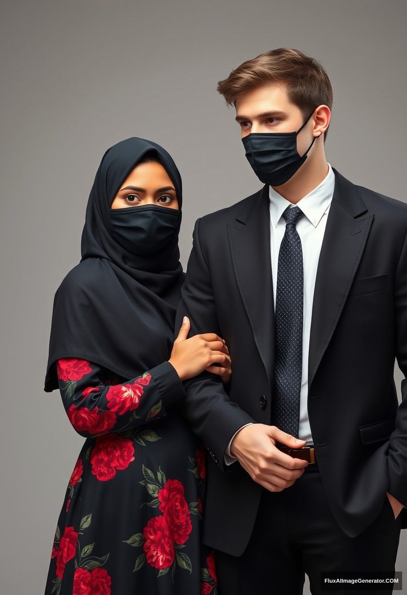 A biggest black hijab girl, beautiful eyes, black face mask, biggest red floral longest gown dress, not tall, standing near him, love holding his arm,

Jamie Dornan body and face shot, handsome, youngest, black face mask, black coat suit, white shirt, black patterned tie, tall man, love standing near her,

Hyper realistic, studio photography, photorealistic.