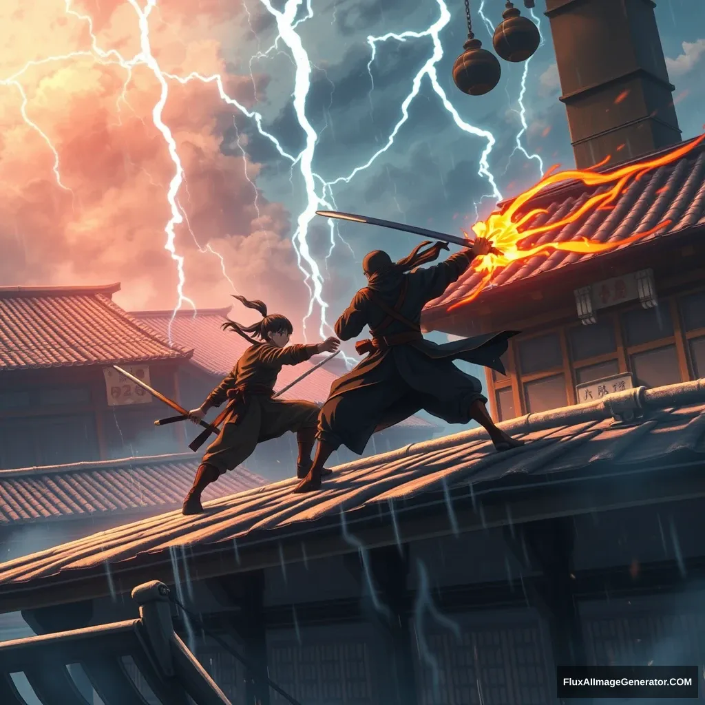 An action still from an Anime where two ninjas are in an epic death match on the roof of a building within an ancient Japanese village. A violent thunderstorm rages as they battle.