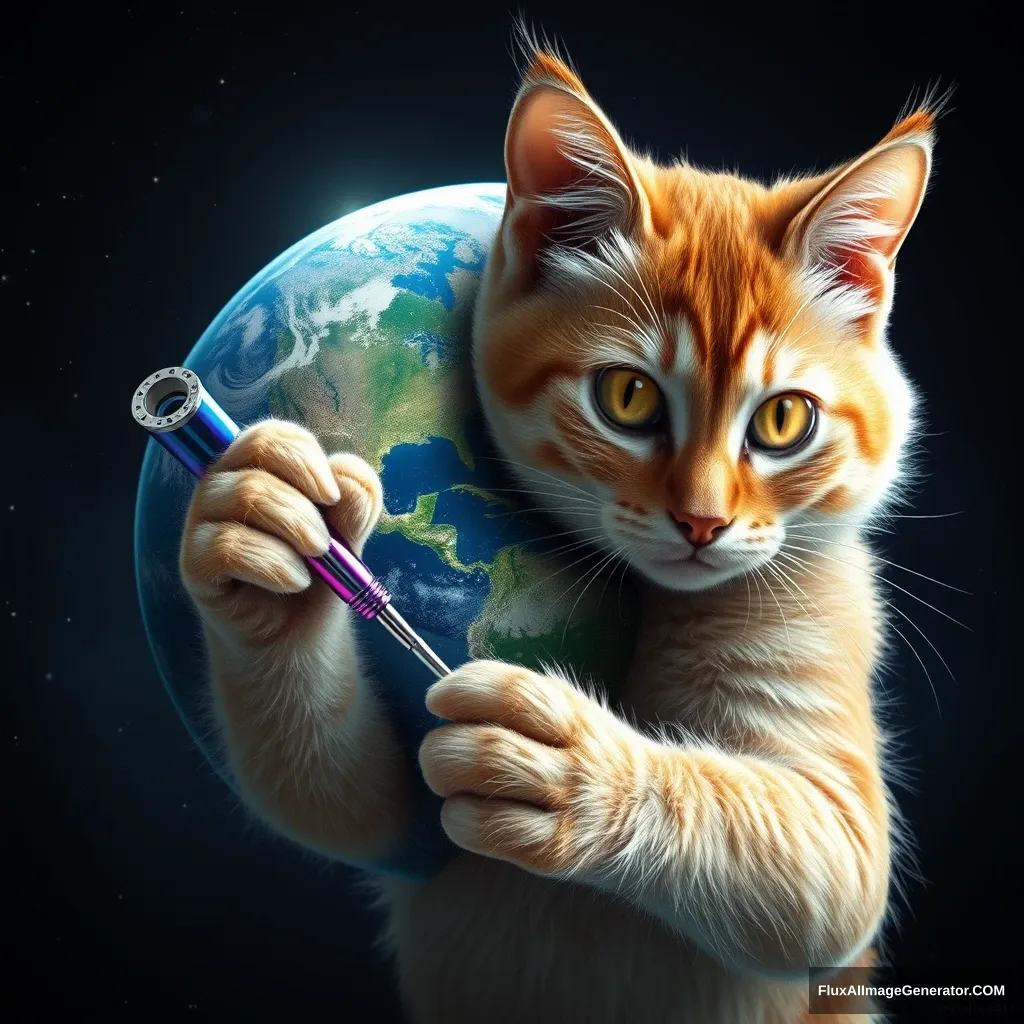 A hyper-realistic cosmic feline mechanic, fur glistening with stardust, meticulously repairs an azure Earth-like planet. Golden eyes focused, paws deftly wield an iridescent quantum screwdriver. Suspended in the velvet void of space, the scene exudes determination and hope for universal harmony. - Image