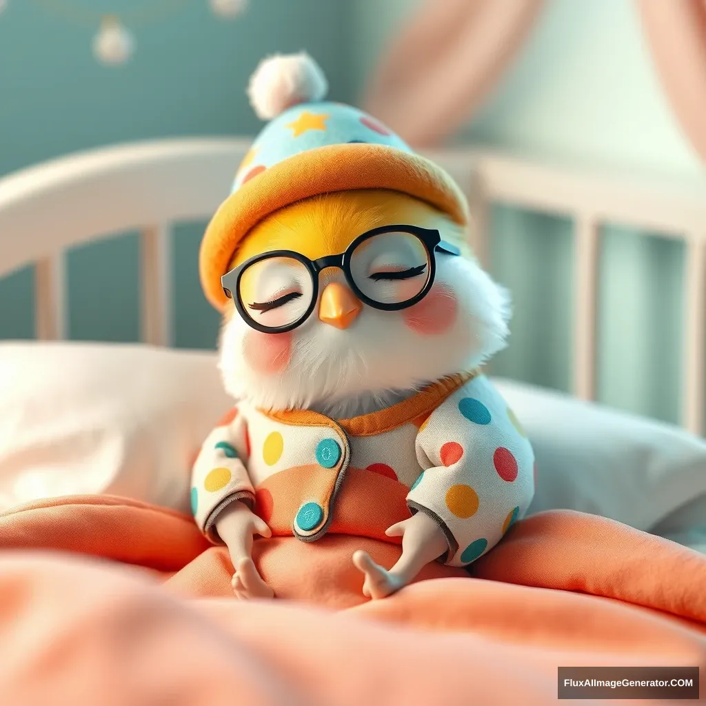 Very small, chubby, sweet Kawaii little bird with glasses, a hat, and colorful pajamas in her beautiful Kawaii bed sleeping. - Image