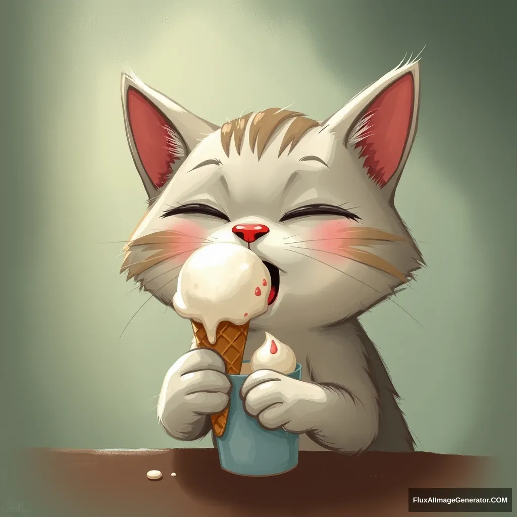 Cat eating ice cream, illustrated by Gabriel Pacheco. - Image