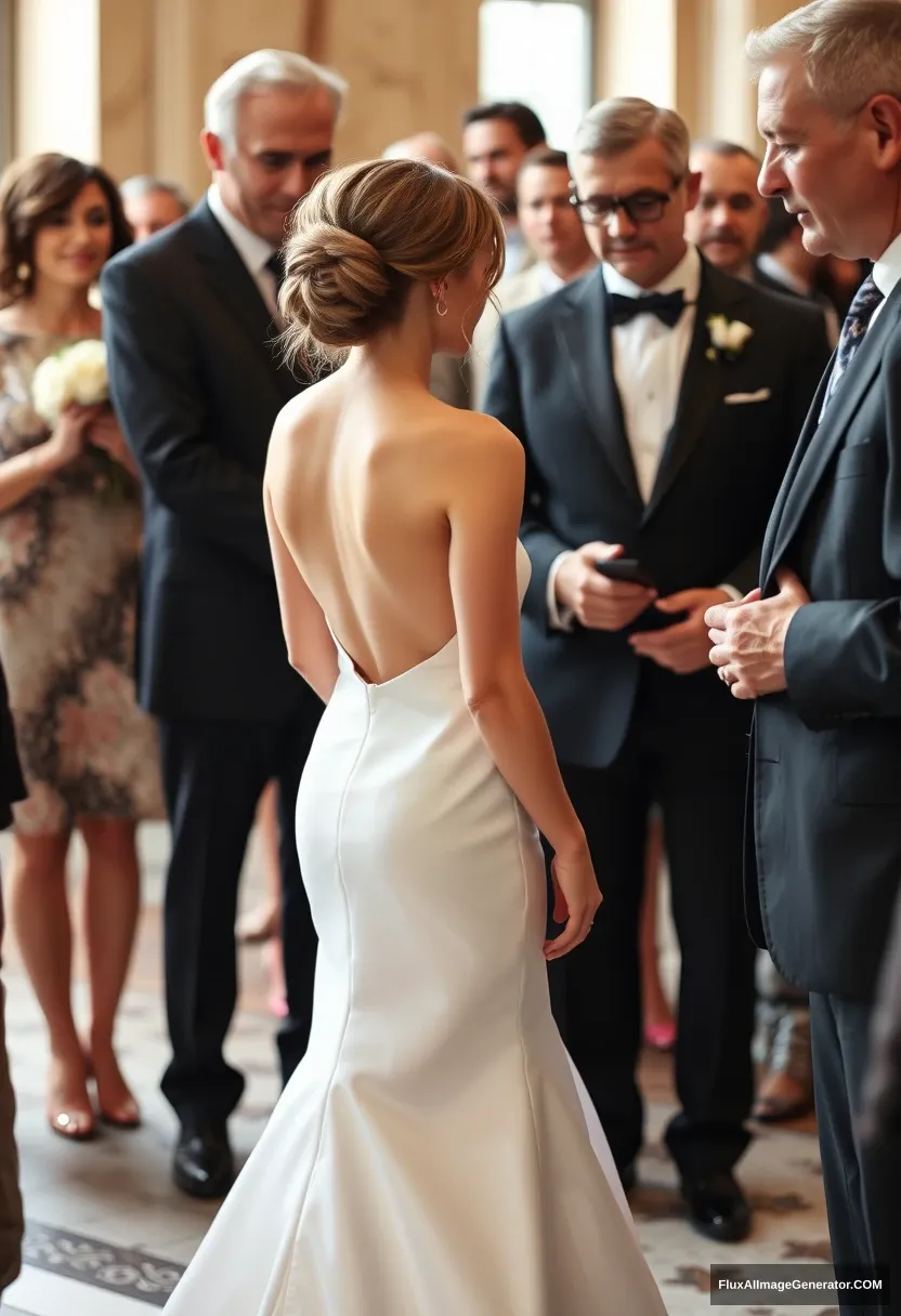 A petite young woman, sensitive, delicate, girly, backless strapless side-less low-waisted cut line contouring wedding dress. Fawning obediently mingling with fathers. Expectations. Perfect posture. Pale skin. - Image