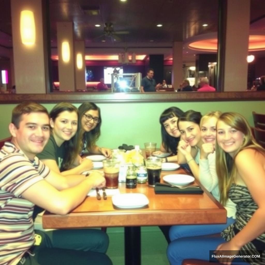 Boring Snapchat Photo of a group of friends at a restaurant table. The photo was shot on a phone and posted in 2015 on Snapchat.