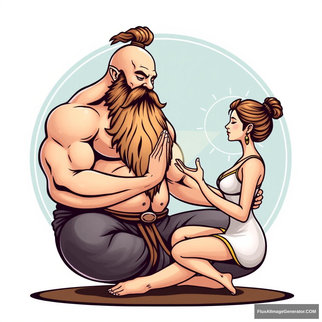 Yoga Center logo: a muscular large bald dwarf with a beard in the lotus position exchanges energies with a woman. - Image