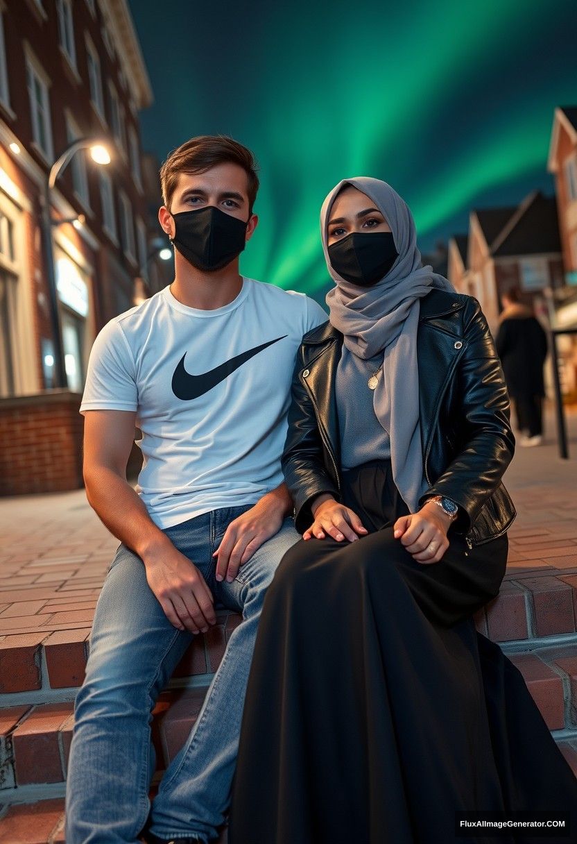 Jamie Dornan, tall and handsome, wearing a black face mask, a white Nike T-shirt, and jeans, is dating a beautiful Muslim girl in a grey hijab with lovely eyes, who also has a black face mask and is wearing a leather jacket along with an extremely long and big skirt. She is not tall. They are sitting on a brick stair in the town, captured in a photorealistic style, through street photography or selfie photos, in a night scenery with the aurora borealis.