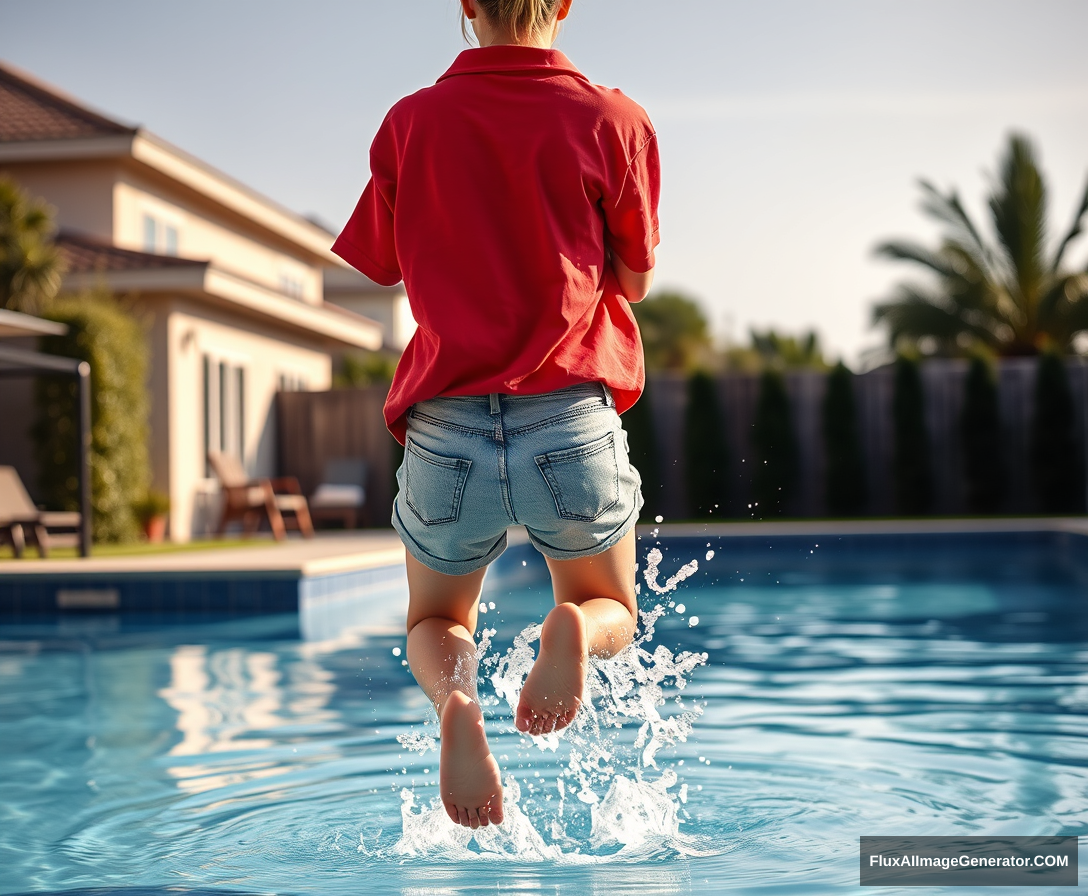 Back view of a young blonde skinny woman who has a good tan is in her early twenties in her massive backyard wearing a massively oversized red polo t-shirt that is a bit off balance on one of the shoulders, and the bottom part of her t-shirt isn't tucked in but it's also not that long. She is also wearing M-sized light blue denim shorts and she is barefoot, with no shoes or socks. She jumps into the pool with her arms crossed over her chest, creating a big splash as her legs go underwater. - Image