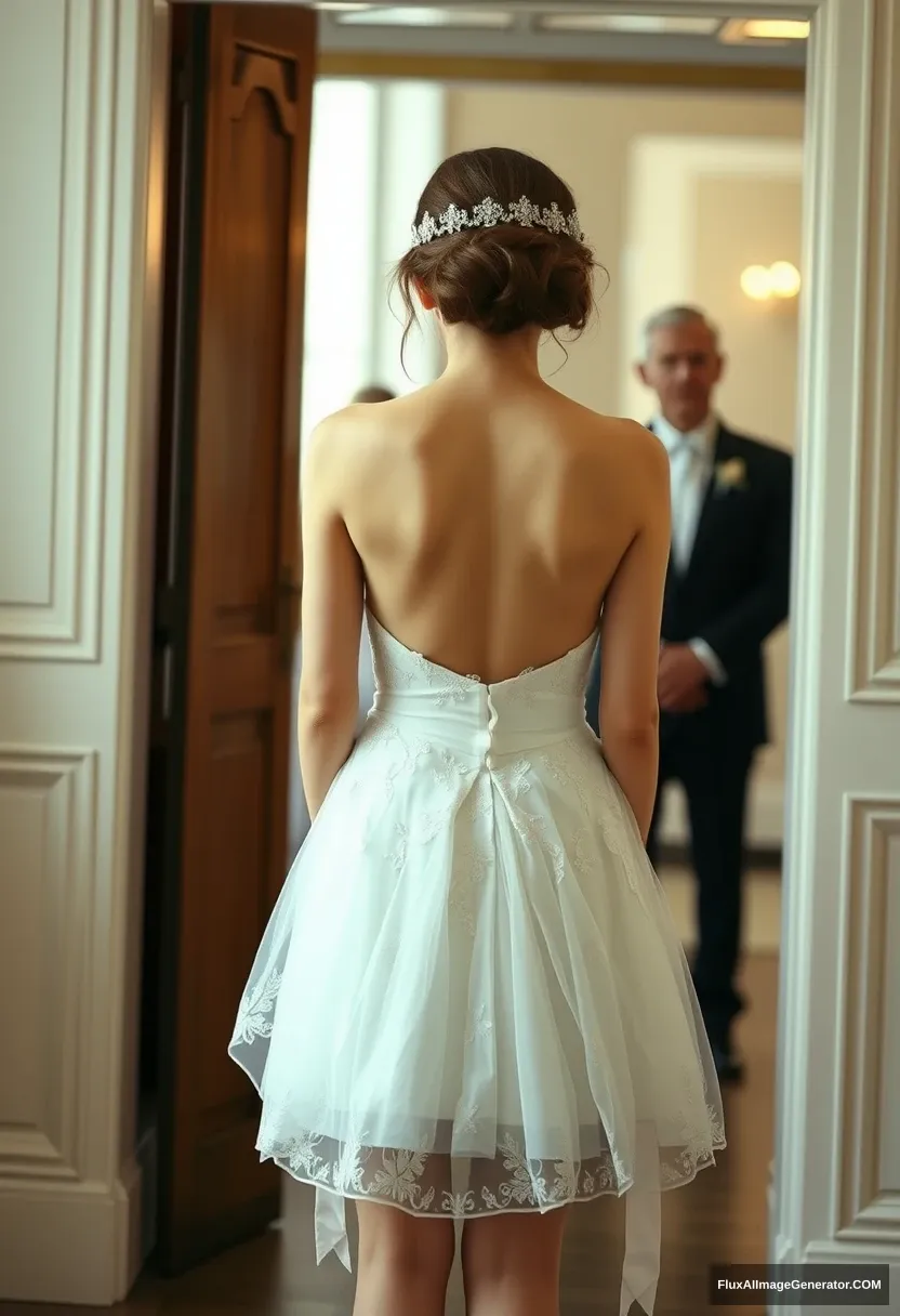 a short young woman, sensitive, delicate, ashamed, backless strapless small-waisted wedding dress, in front of patriarchy, helpless, expectations