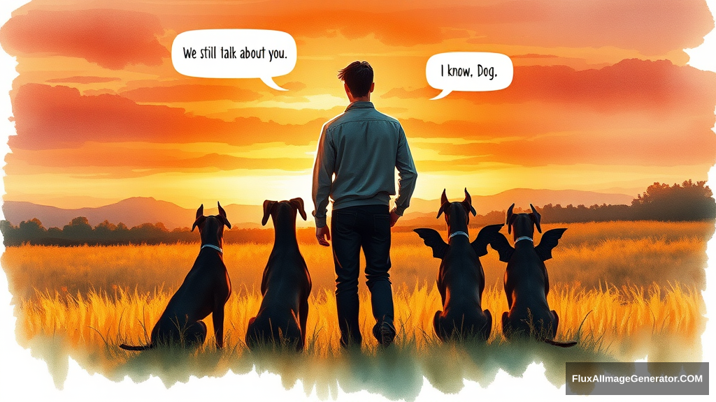 Watercolor illustration: male figure in meadow at golden hour, silhouetted against vibrant sunset sky. Three winged canine Doberman companions sat beside. Facing away from the viewer, speech bubbles float above: "We still talk about you" (person), "I know" (dog). Nostalgic atmosphere, brushstrokes convey wistful longing. - Image