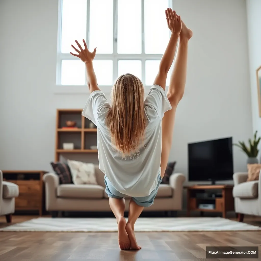 A side view of a skinny blonde woman in her large living room, wearing an excessively oversized white t-shirt with one sleeve askew. She has on loose light blue denim shorts that aren't rolled up, and she’s barefoot. Facing her TV, she dives headfirst into it with her arms raised below her head and her legs elevated high in the air, positioned at a 60-degree angle. - Image