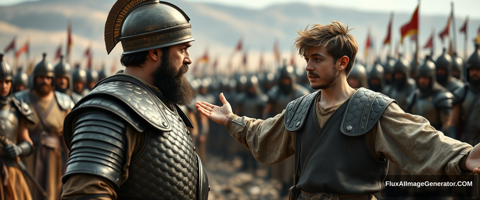 Create an image of two men standing apart and arguing while onlookers crowd around. The man on the right is a young man with his arms stretched out to the sides, looking shocked with messy, unkempt hair and a beard. He is wearing simple biblical-era shepherd's clothing and is sternly looking at the left eye of the other man. The other man looks middle-aged, has his left hand up trying to stop the young man, has a Jewish black beard, and is dressed in a full suit of bronze-age leather scale armor, complete with a conical helmet with a pointed tip. In the background, there is a blurred crowd of soldiers also wearing armor similar to that of the king. Standing on the horizon, even further back, is a blurred front of a large biblical-era army. The overall mood of the image conveys anxiety and concern. - Image