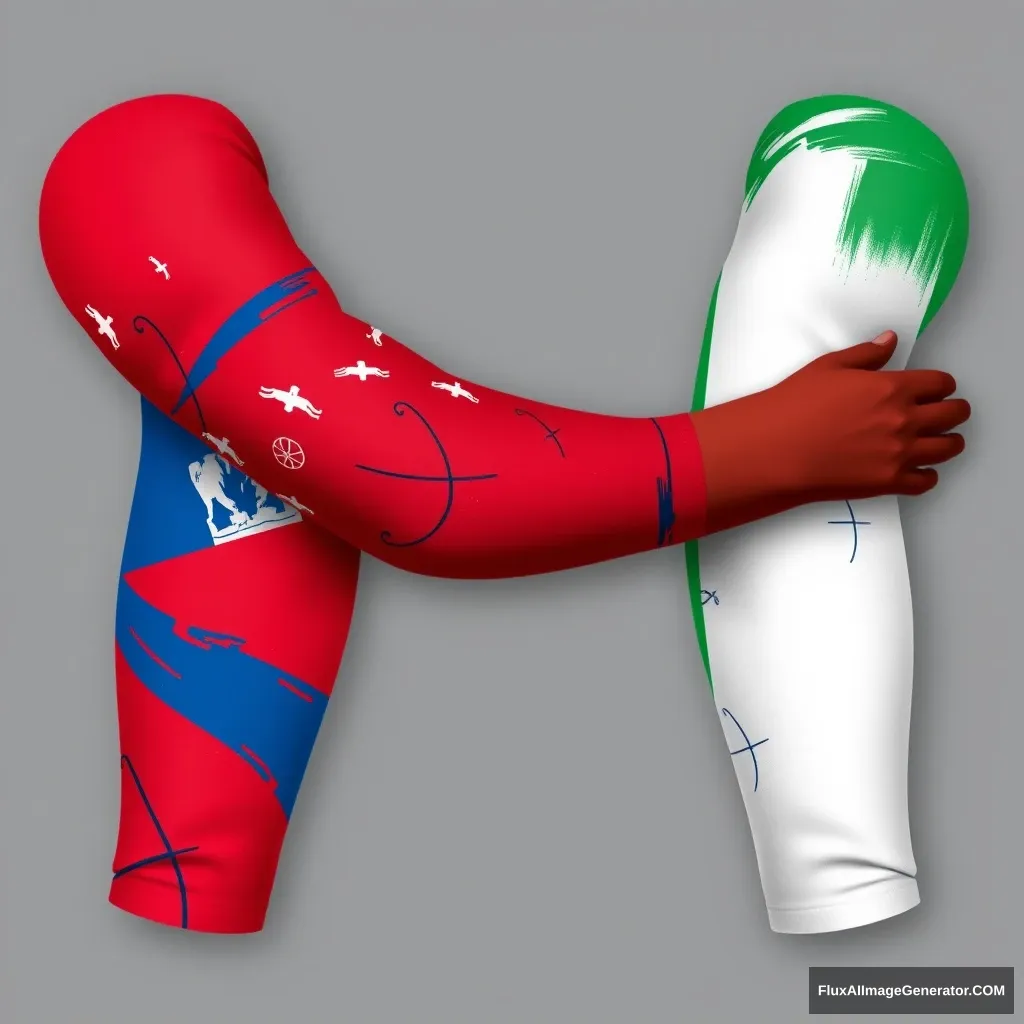 Design a set of two arm sleeves with abstract interpretations of the Haitian and Ivorian flags. On one sleeve, create an abstract pattern using elements from the Haitian flag, incorporating subtle basketball shapes. On the other sleeve, do the same with the Ivorian flag, ensuring both designs complement each other in style and theme.