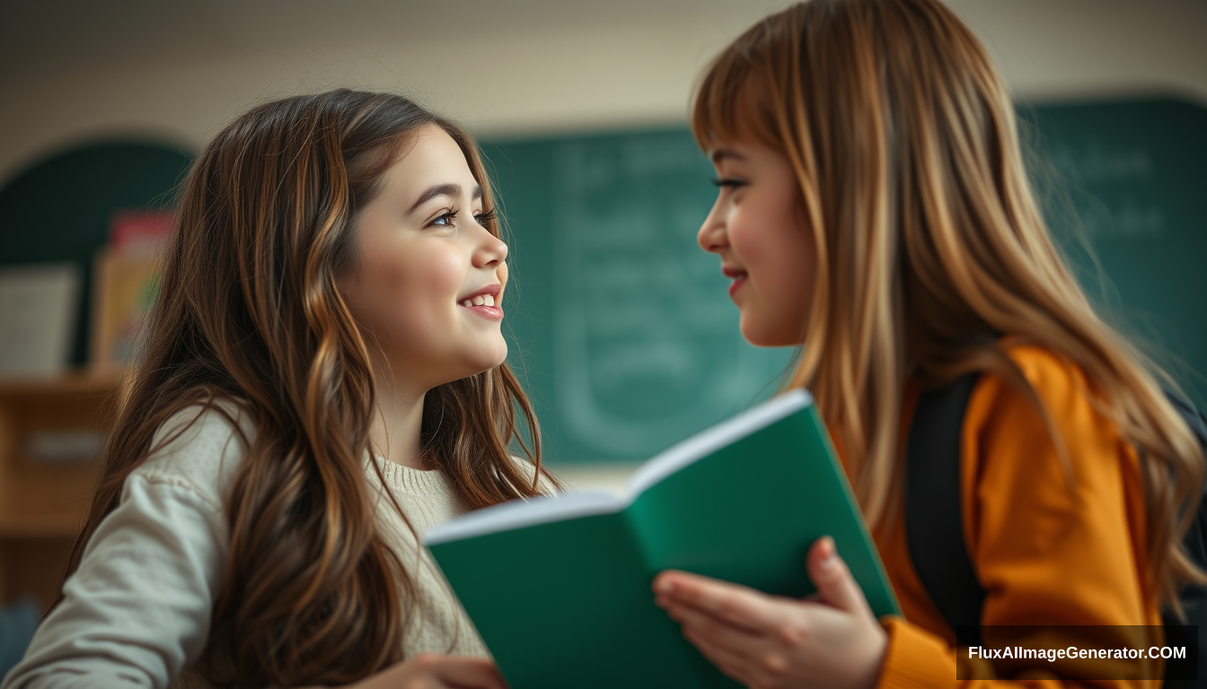 Two girls blush and coyly embrace, looking into each other's eyes, as they're unexpectedly put into a homework group together, f2.4, natural light, photograph.