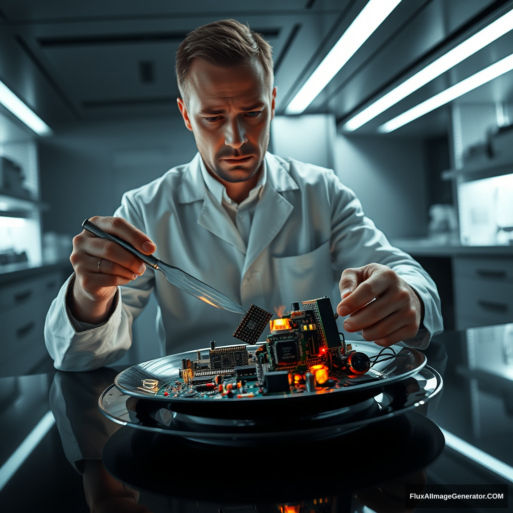 A meticulous engineer dines alone in a sleek, dimly-lit laboratory. Hyper-realistic details reveal his pristine white coat, furrowed brow, and steady hands wielding a silver knife and fork. On his plate, an intricate arrangement of gleaming microchips, resistors, and LEDs replaces traditional food.