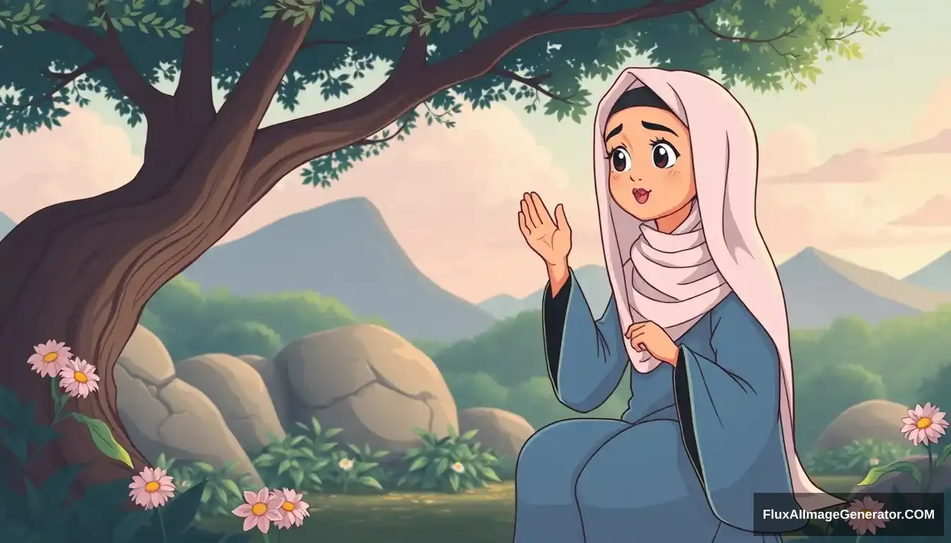 A pious woman named Maryam bint Imran. Maryam is a woman who is very devout in worship and always maintains her purity. She comes from a highly respected family, and since childhood, she was raised in an environment filled with worship and obedience to Allah, creating image animation cartoons. - Image