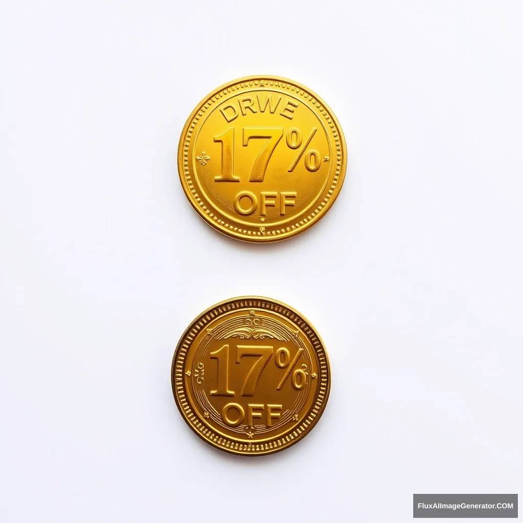 Draw a golden coin representing the right to purchase 17% Off. The golden coin is very luxuriously decorated. The background is white. - Image