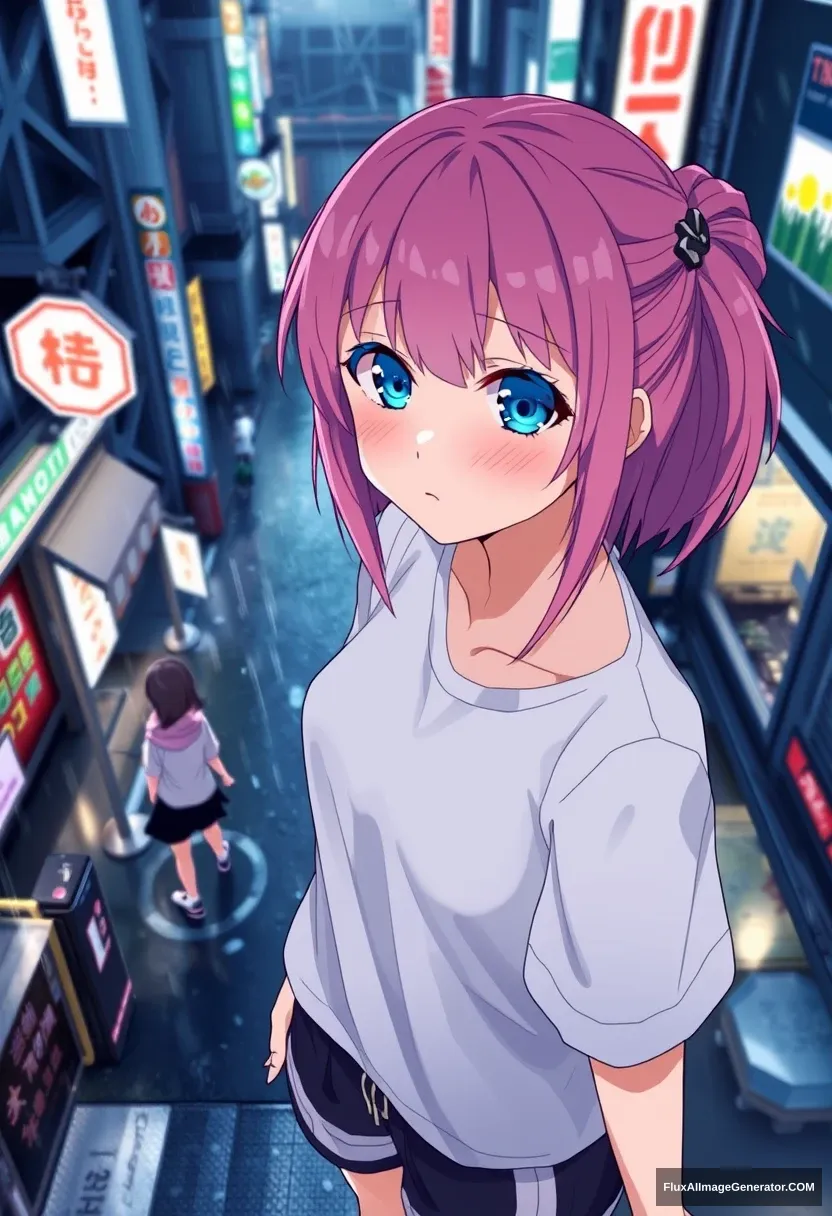 An anime girl in a t-shirt and sporty clothes, pink hair, cyan eyes, rainy Tokyo street, perplexed, blush, dramatic lighting, evening, dutch angle, overhead view [Sakimichan art style]. - Image