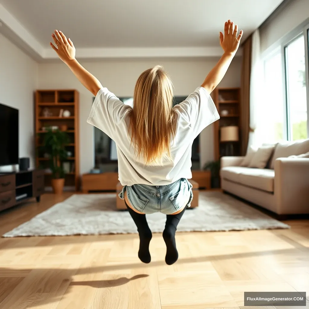 A right angle of a slender blonde woman in her spacious living room, wearing an extremely oversized white t-shirt that hangs unevenly on one sleeve, and oversized light blue denim shorts that are unrolled. She has knee-high black socks on with no shoes. Facing her TV, she dives headfirst with both arms raised under her head, looking up, while her legs are elevated in the air, positioned at a -60 degree angle.