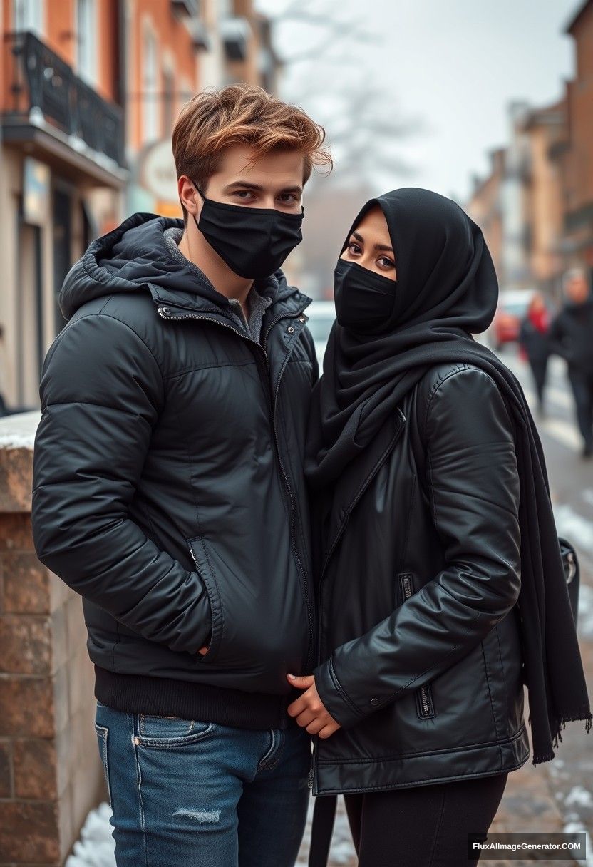 Jamie Dornan, handsome, young, black face mask, snow jacket, jeans, dating a beautiful, romantic Muslim girl in a big black hijab, with beautiful eyes, black face mask, black leather jacket, winter scenery, standing together near a wall in town, pinching each other's cheeks, photorealistic, street photography. - Image