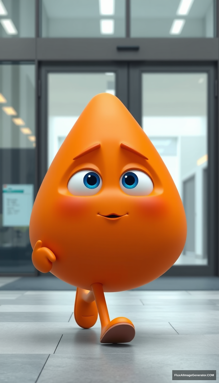 3D Pixar-style character with a smooth, inverted triangle round body shape, colored in bright orange. The character has a broad upper body tapering to a narrow bottom, with eyes, nose, and mouth all within the inverted triangle body. The character is walking into an office building. The character’s body is an inverted triangle shape, wide at the top and narrowing towards the bottom.