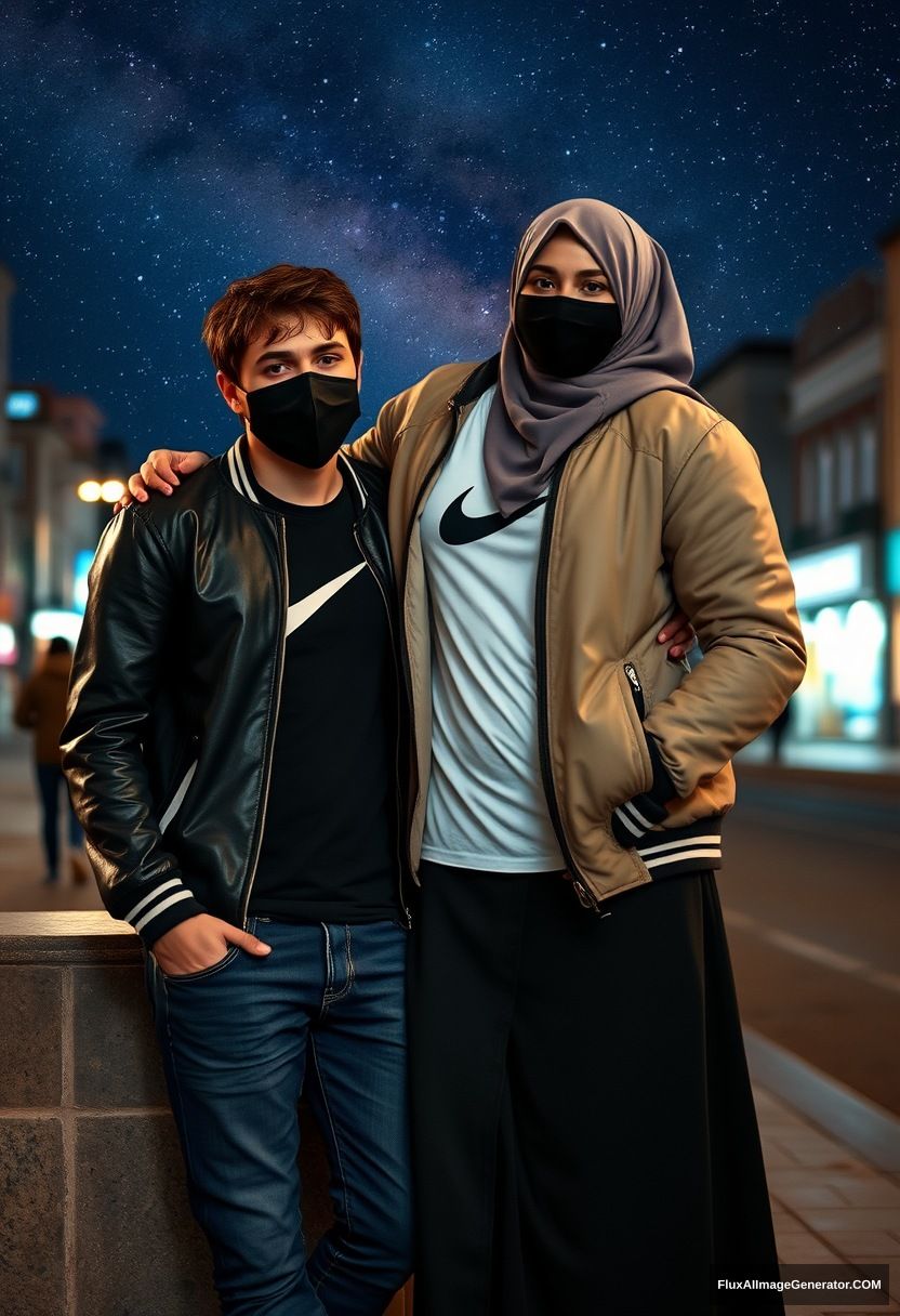 Jamie Dornan, youngest, black face mask, collage jacket, Nike t-shirt, jeans, tall man, fit body, 

Dating, love with the tallest grey hijab Muslim girl, beautiful eyes, black face mask, leather jacket, longest skirt, slim petite girl, love holding him 

Leaning against a wall, in town, night scenery, Milky Way, hyper-realistic, photorealistic, street photography.