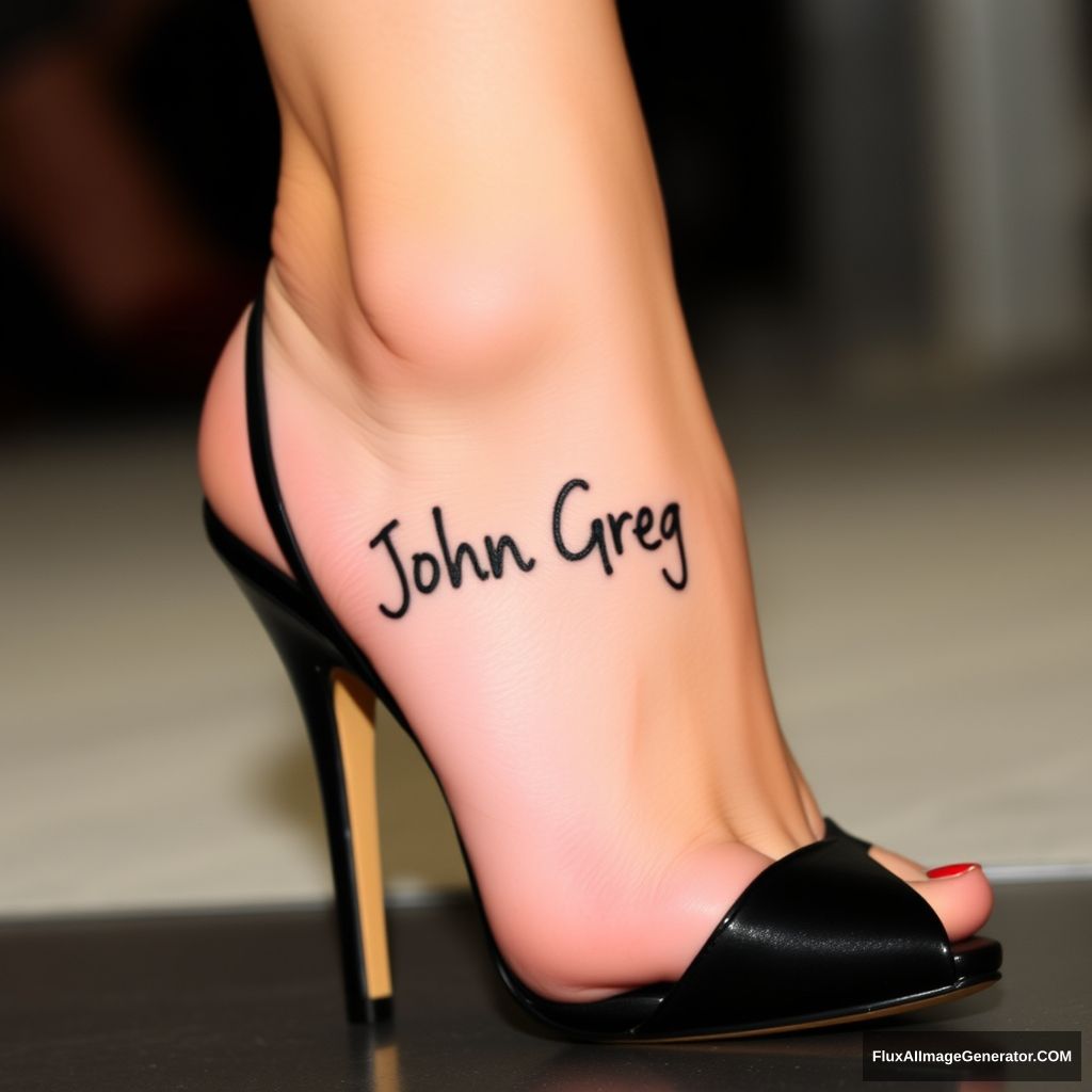 A woman's foot with the name "John Greg" on it. She is wearing black heels and her toenails are painted red.