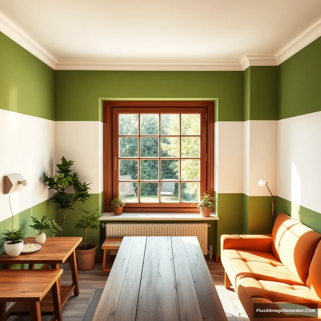 A cozy room, with one large window in the middle. It is sunny, but the light is not blinding. The room has a wooden eating table towards the window. The paint on the wall is both eggshell white and green with a horizontal line dividing them, the green at the bottom. There is a sofa with a small sofa table, and some plants and light bulbs, to make it cozy. The window is very big, 1.5x1.5 meters. The wood on the tables is the same, and the color of the sofa is a shade of orange. Show it from a bird's eye view.