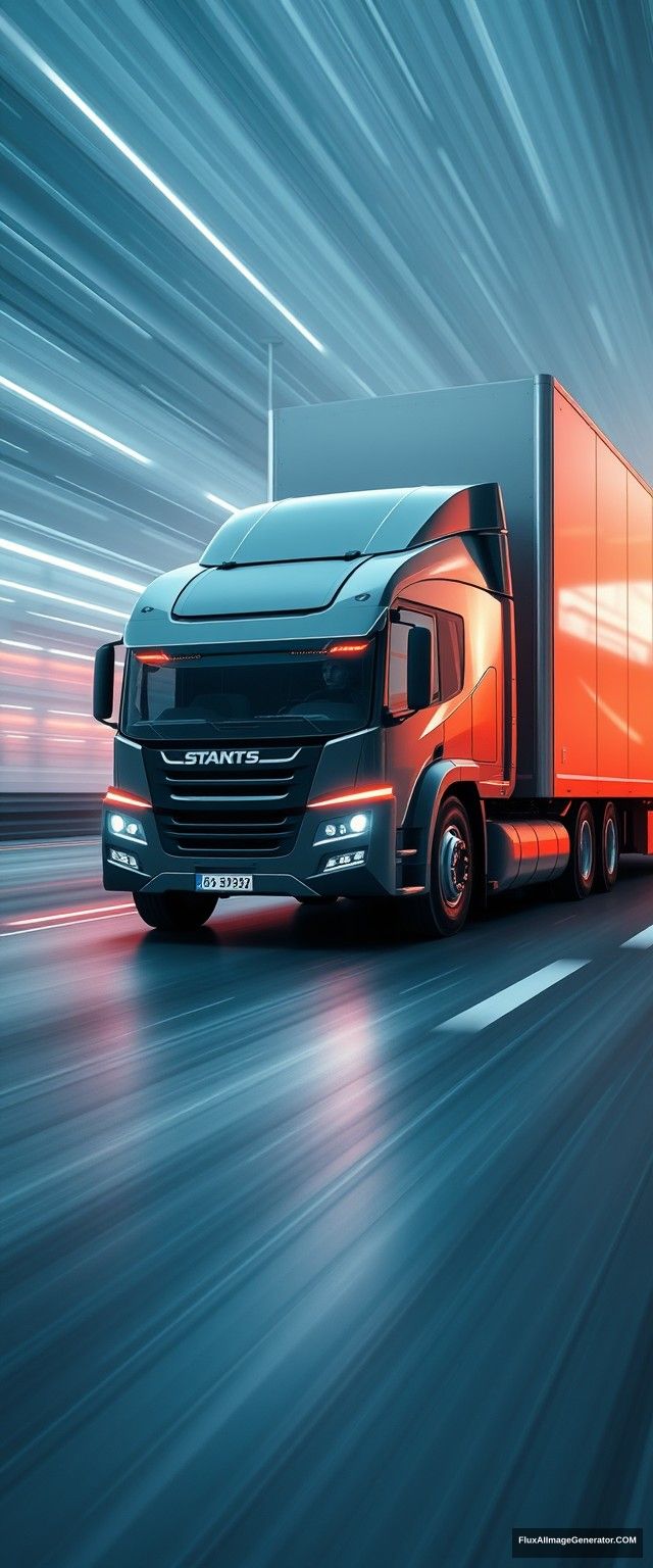 The truck has simple and dynamic lines, driving high-tech trucks, speed lines, glow, the overall picture is bright and clean, full of a sense of the future and a sense of science and technology.