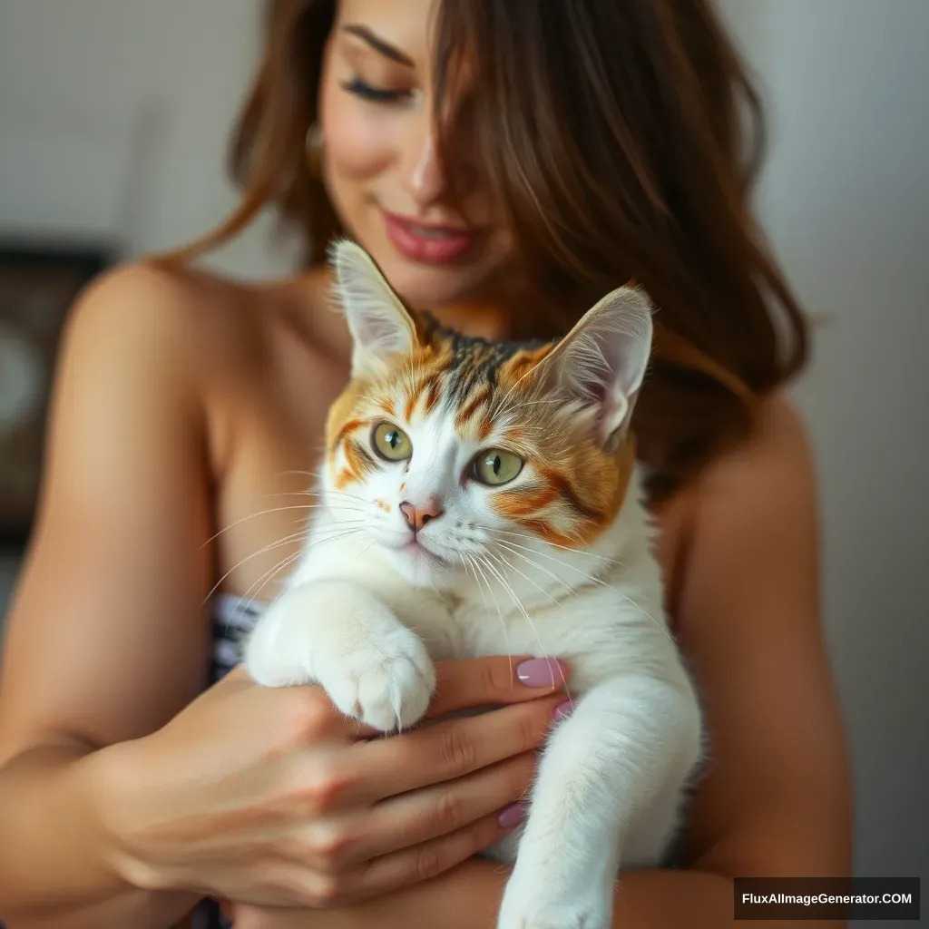 a cat in the arms of a beauty