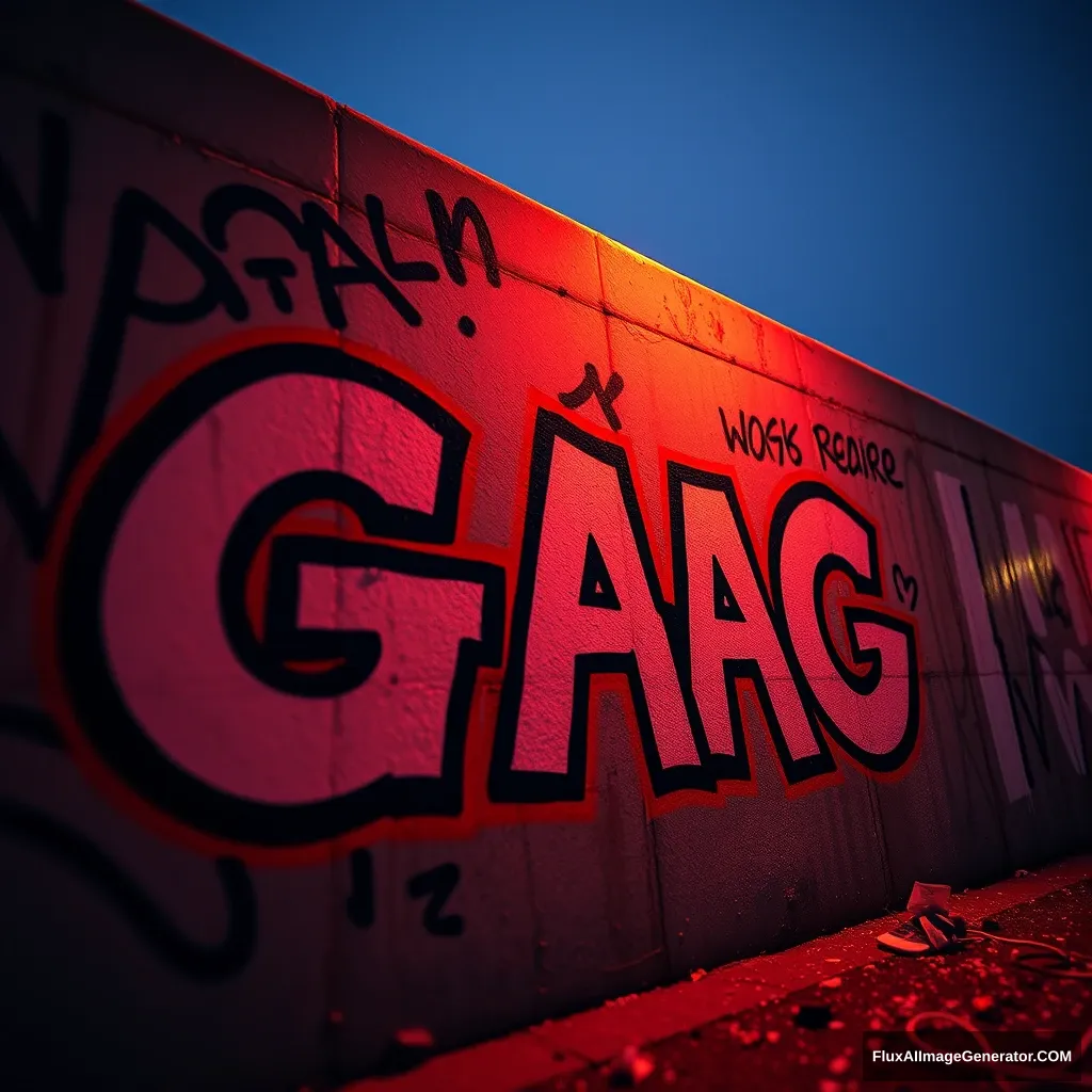 Graffiti on the Berlin Wall with the text GAG Effect Card. Low angle, low depth of field, high quality, photorealistic, neon lighting.