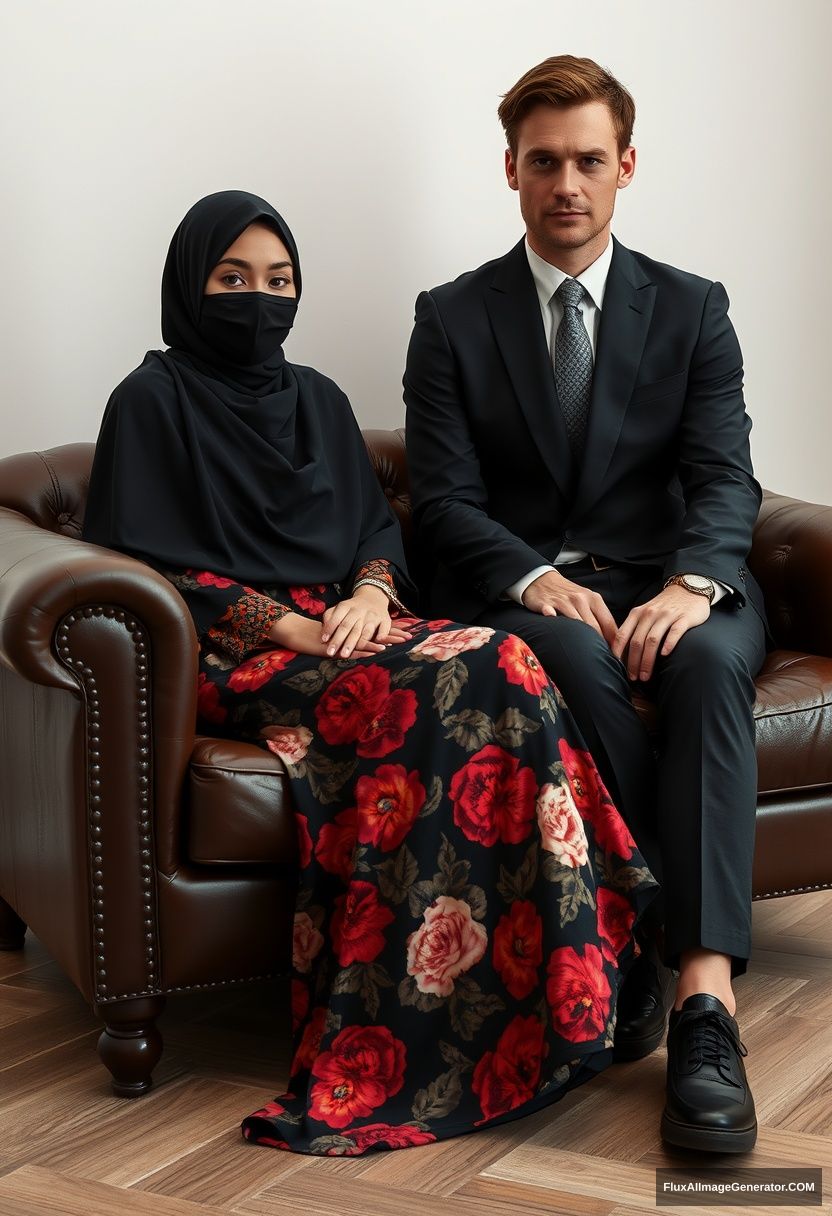 A biggest black hijab girl, slim girl, beautiful eyes, face mask black, biggest floral longest dress, sitting on leather single wing sofa, 

Jamie Dornan, youngest, black suit coat, grey pattern tie, black leather sneakers, tall man, face mask black, tough body, sitting near her,

hyper realistic, studio photography.