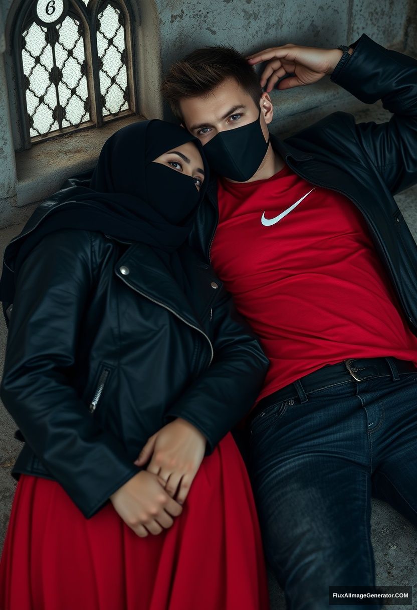 A biggest black hijab girl, beautiful eyes, face mask black, black leather jacket, biggest red longest dress, untall, laying at him,

Jamie Dornan, handsome, face mask black, fit and tough body, Nike red t-shirt, black leather jacket, jeans, tall man, laying at wall,

Hyper realistic, photorealistic, studio photography, Victoria's abandoned castle, gloomy.