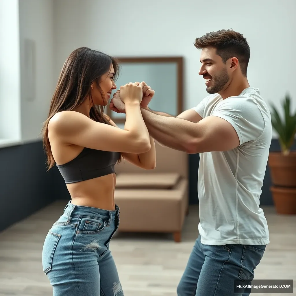 A pretty small delicate and slim lady fighting her big muscular boyfriend in a casual fight. She is in control and has him completely immobilized, blocking his arms by gripping them in her feminine but strong fists.