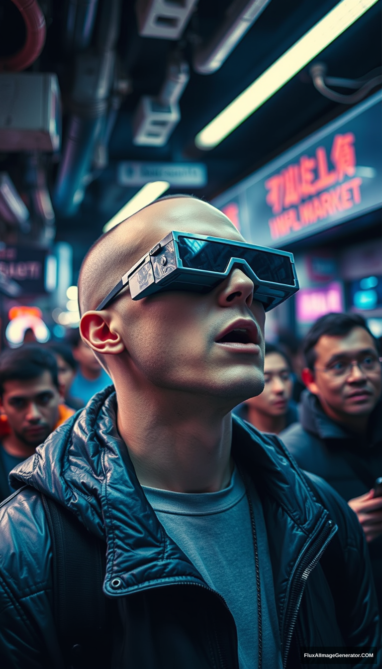 A man with a futuristic bald haircut is feeling a hallucination, amazed, with his mouth open, looking up while wearing sci-fi heavy iron glasses in a crowded underground tech black market. It's a dystopian futuristic scene captured with a disposable camera, embodying techno aesthetics. - Image