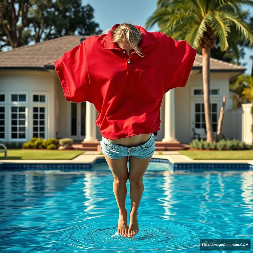 Front view of a young blonde skinny woman in her early twenties, standing in her massive backyard. She is wearing a massively oversized red polo t-shirt that is slightly off balance on one shoulder, with the bottom part of the t-shirt tucked in on all sides. She is also wearing small light blue denim shorts and has no shoes or socks. She jumps into her luxurious pool headfirst, going upside down, and is already halfway in the pool. - Image