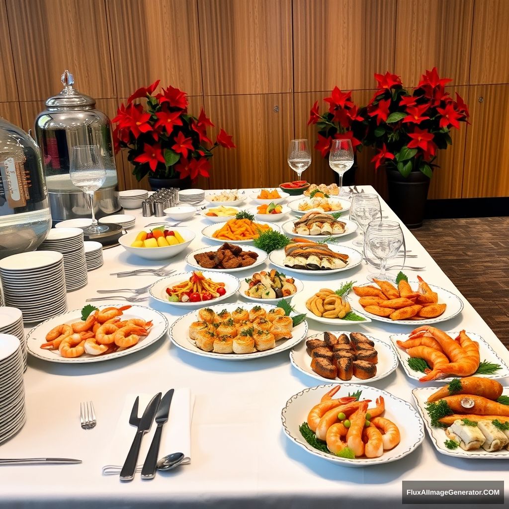 "Photograph of a five-star buffet setup featuring a variety of elegant seafood dishes on a long table covered with a white tablecloth. The table includes luxurious plates of seafood salads, shrimp rolls, grilled fish, and assorted sushi, with high-end stainless steel utensils and crystal glassware neatly arranged. There are stacks of fine china plates and bowls, but fewer in quantity, on the left side, along with high-quality napkins. Additionally, there are two elegant glass water dispensers commonly used in buffet settings. The background features a wooden panel wall with festive red poinsettia plants adding a touch of elegance. The image is captured with a professional camera by a journalist, ensuring sharp focus, rich colors, and perfect composition, highlighting the sophistication and realism of the premium dining experience."