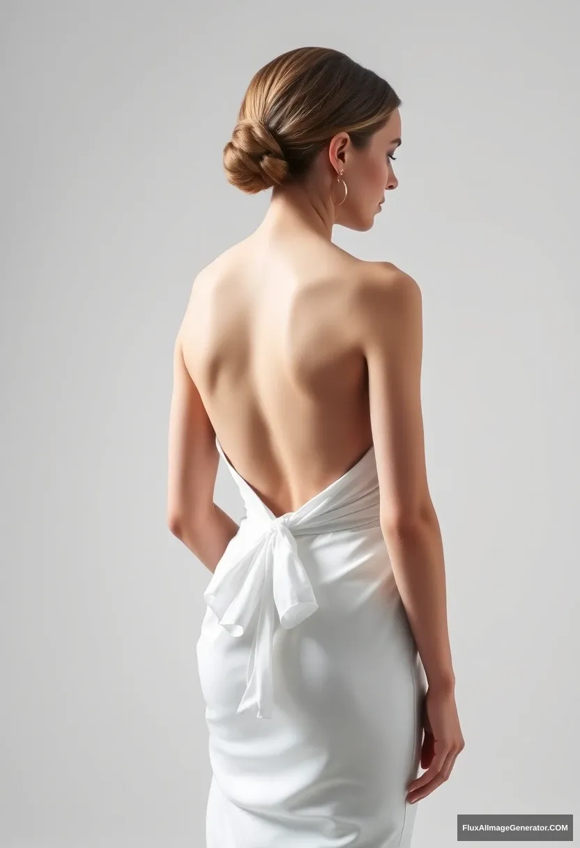 A short young woman, sensitive and delicate, wearing a backless, strapless, side-less, low-waisted contouring wedding dress with a breezy loose open back that spills open to the sides, seeming intentionally left undone. Submission to the patriarchy. Expectations. Perfect posture. Pale skin. Voluptuous.