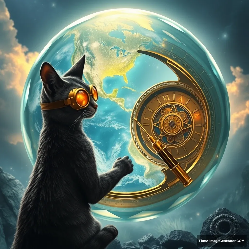 Fantasy realm: A mystical tabby cat, adorned with steampunk goggles, faces a colossal, Earth-like crystal orb. The orb's ethereal surface reveals shimmering oceans and glowing landmasses. A segment of the sphere lifts, exposing intricate clockwork and arcane runes. The wise feline, wielding an enchanted golden screwdriver, mends the cosmic timepiece.