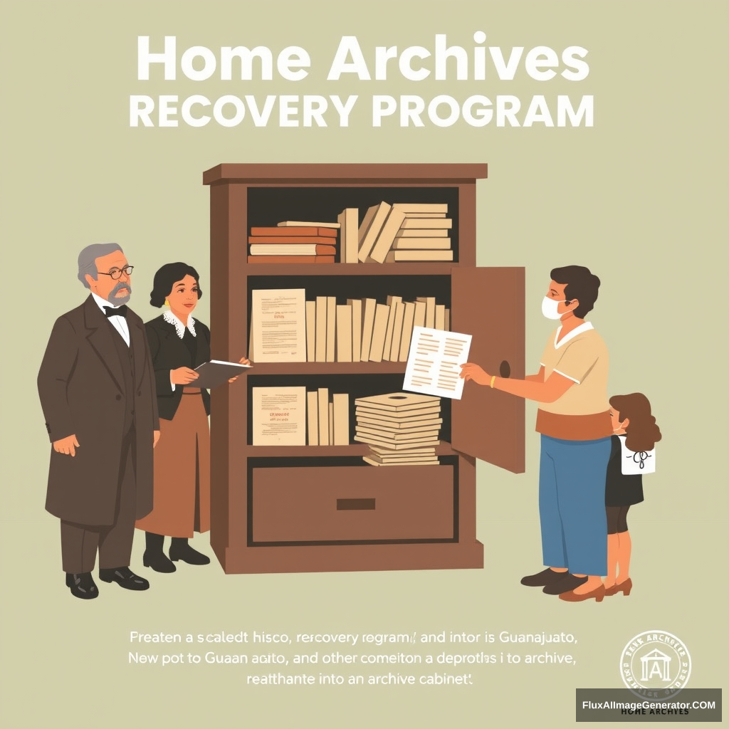 Create a promotional poster for a program called: Home Archives Recovery Program. The poster should depict historical figures from Guanajuato and other citizens depositing documents into an archive cabinet.