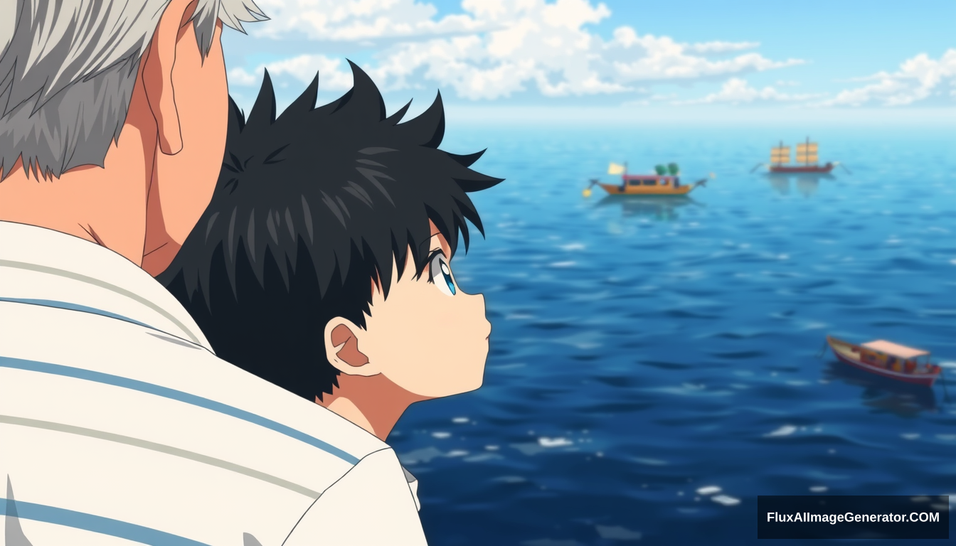 Anime-inspired style, Over-the-shoulder shot: The man's back (45 years old, stylized salt-and-pepper hair, striped shirt) in foreground, slightly out of focus. The boy (10 years old, spiky black hair, white t-shirt) looks up, his eyes large and expressive in typical anime style. The South China Sea stretches out behind them, its surface rippling with exaggerated reflections. Traditional Vietnamese fishing boats on the horizon have a distinctive anime aesthetic. - Image