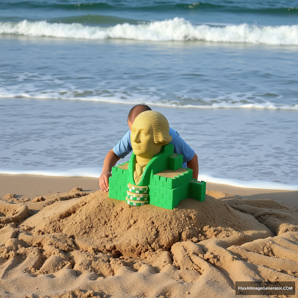 A person building a green sandcastle shaped like George Washington while waves made of gambling chips approach.