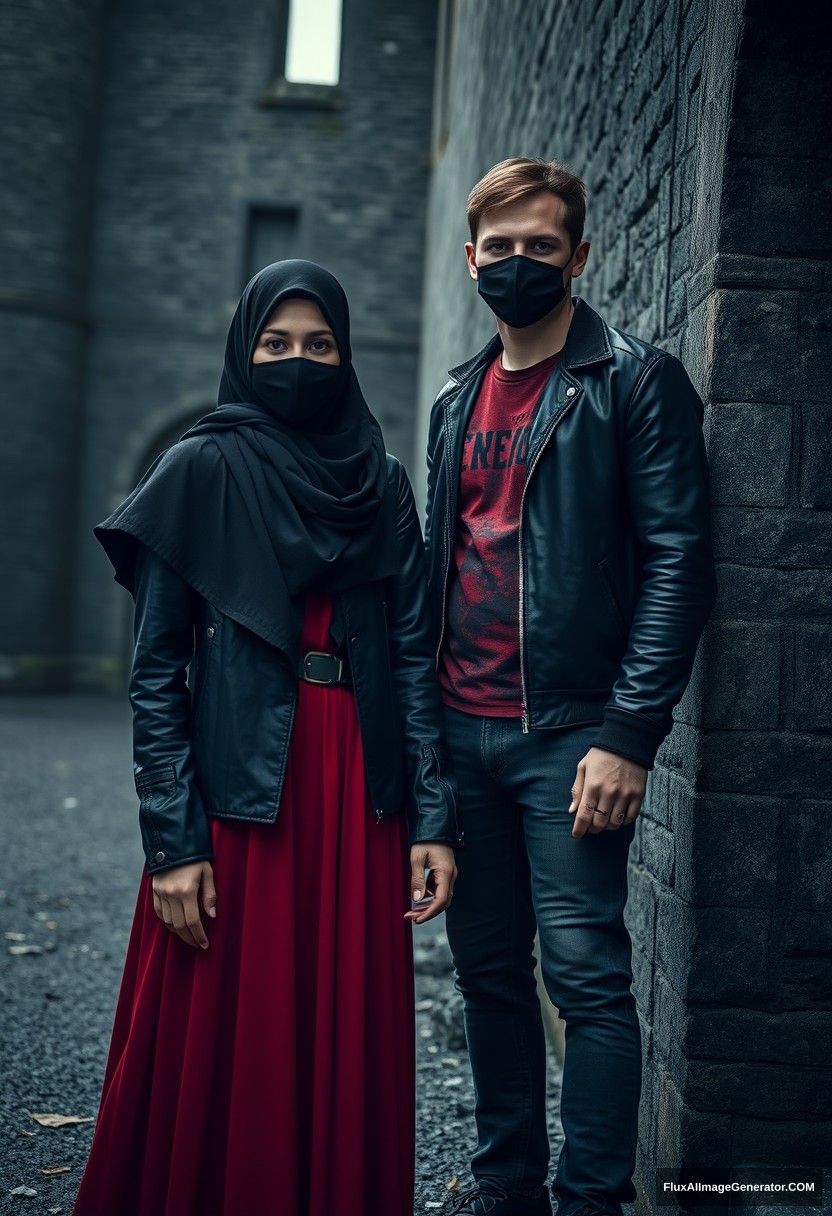 A biggest black hijab girl, beautiful eyes, face mask black, black leather jacket, biggest red longest dress, untall,

Jamie Dornan, handsome, face mask black, fit and tough body, metal red t-shirt, black leather jacket, jeans, tall man,

standing near wall together,
Hyper realistic, photorealistic, street photography, Victoria's abandoned castle, gloomy, darkness. - Image