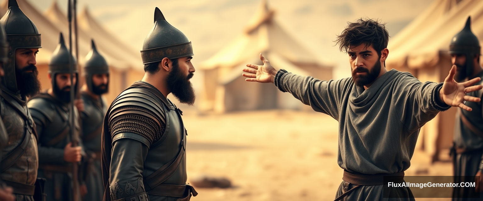 Create an image of two men standing apart and facing off, with a group of four soldiers gathered closely behind the man on the left. The man on the right is young, with his arms stretched out to the sides, looking shocked. He has dark, messy, unkempt hair and a beard, dressed in a simple biblical-era shepherd tunic, and is sternly looking at the left eye of the other man. The other man appears middle-aged, sporting a Jewish black beard, and is wearing a full suit of biblical-era leather armor and a conical helmet with a pointed tip. The overall mood of the image is one of anxiety and concern. The background shows a blurred ancient biblical Jewish army camp with desert Arabic tents. The overall atmosphere is intense and cinematic. - Image