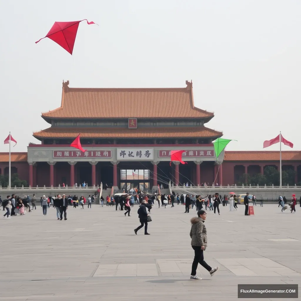 "Flying kites in Tiananmen Square, Beijing." - Image