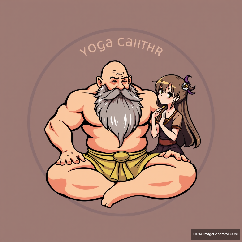 "Tahir Yoga Center" logo: a muscular large bald dwarf with a beard in the lotus position flirts with an anime girl.