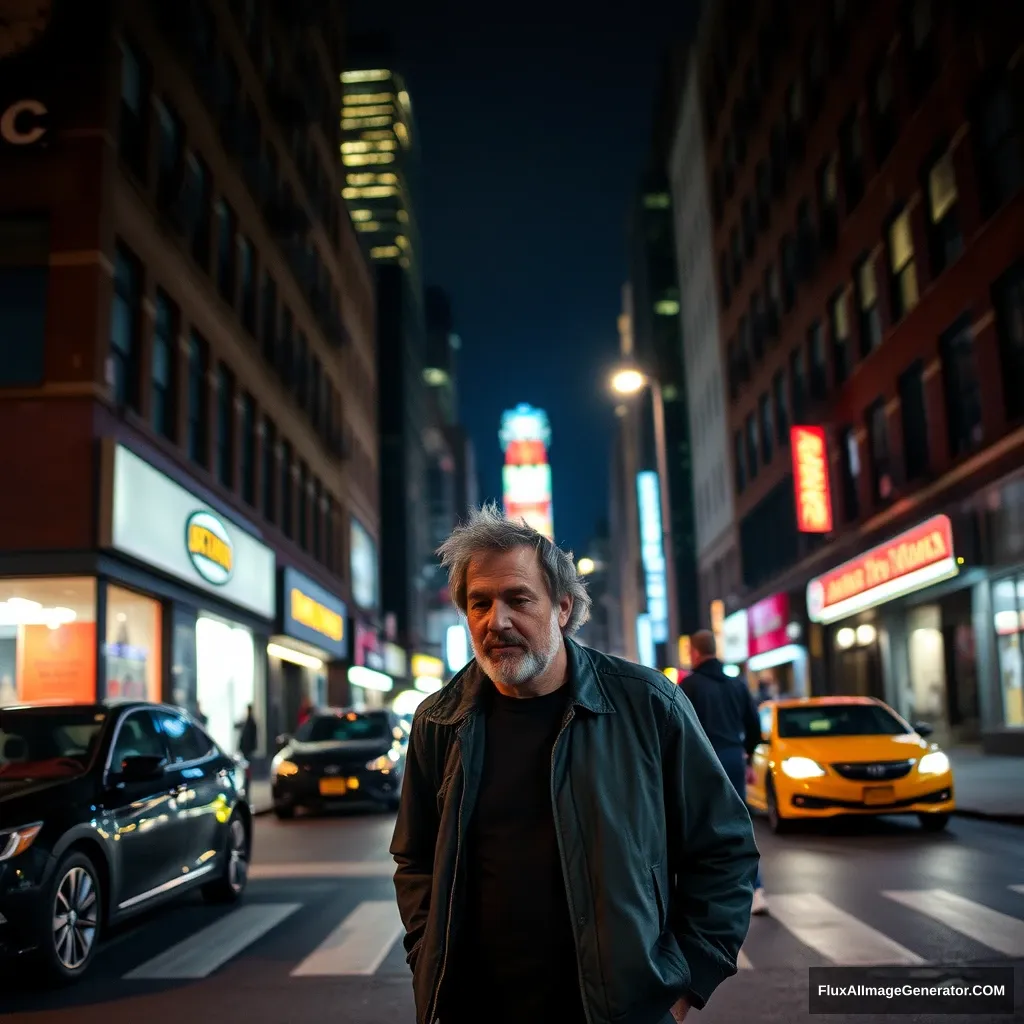 A New York resident walking in the street at night, the scenery is a grungy aesthetic. - Image