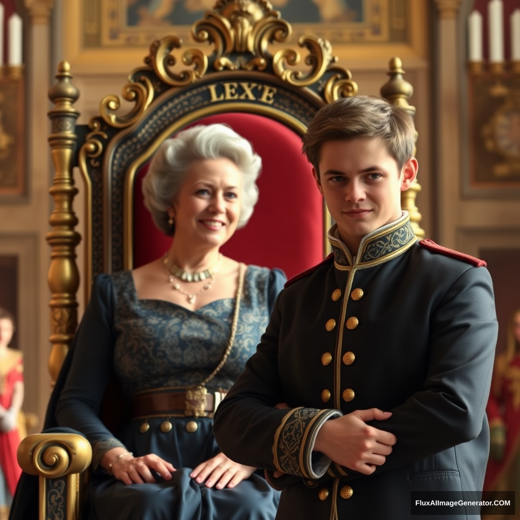 A middle-aged woman, a young man, the woman sits on the throne, the man stands in front of the throne, the woman smiles, the man looks haughty, during the day, in the grand hall of the palace.